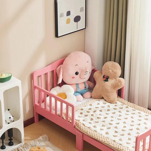 Classic Pink Toddler Bed Frame Solid Pine Wood Children's Bed w/ Rails for Girls gallery