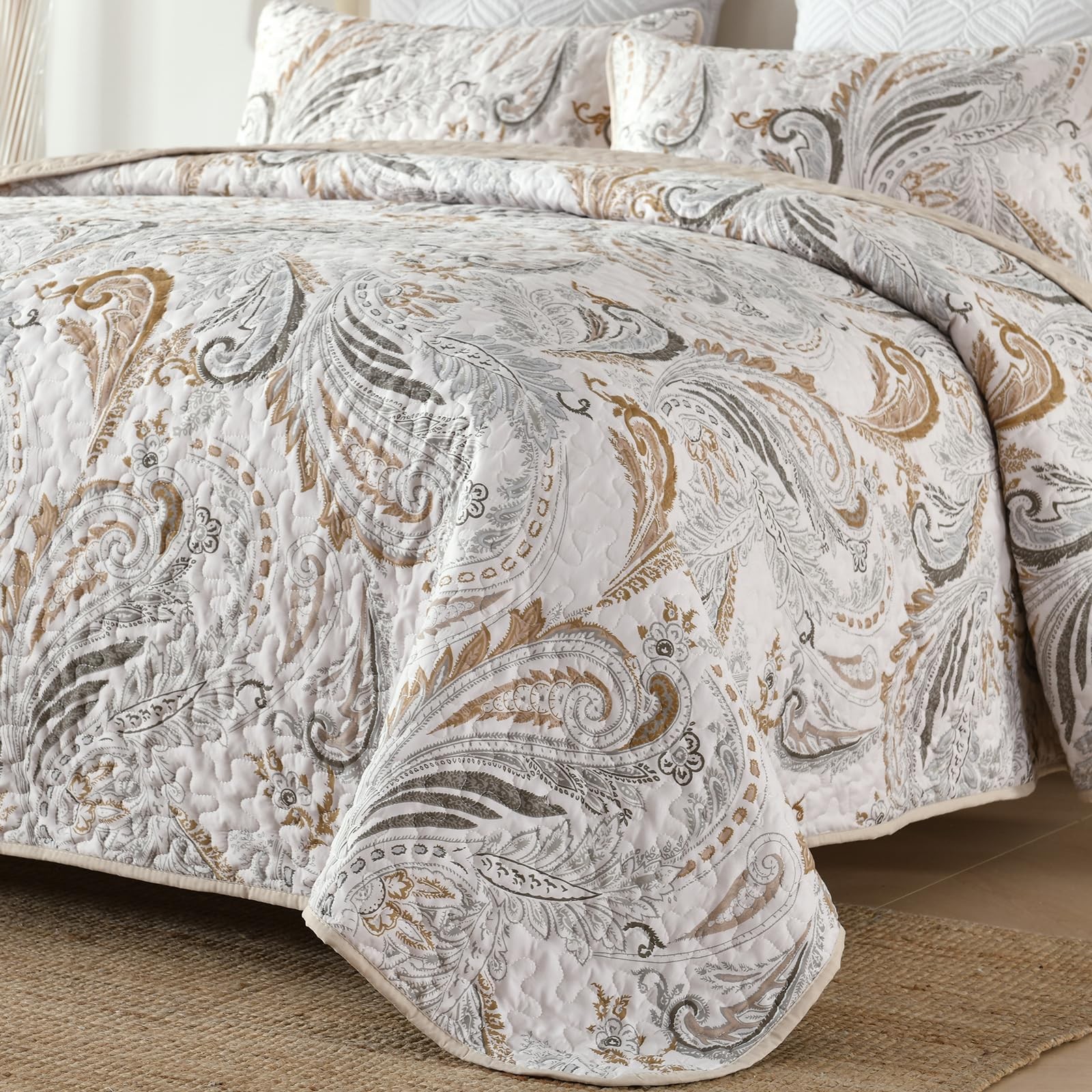 Boho Quilt Set Queen,Beige Paisley Floral Pattern Bedspread Coverlet Set with... gallery