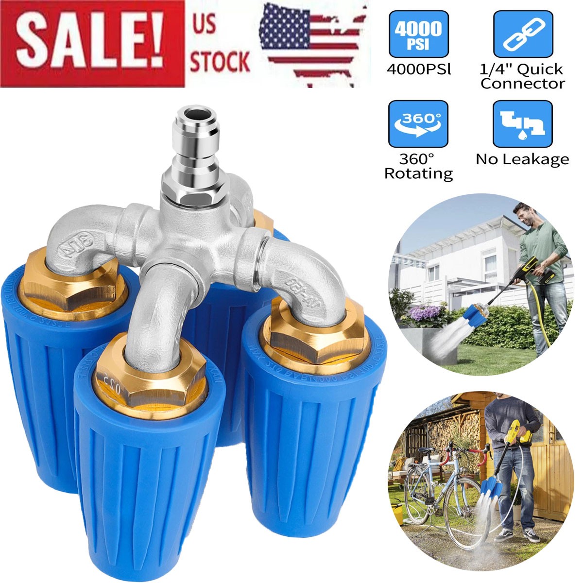 360° Rotating Pressure Washer Four Turbo Nozzle 1/4" Quick Connector 2.5 Orifice gallery