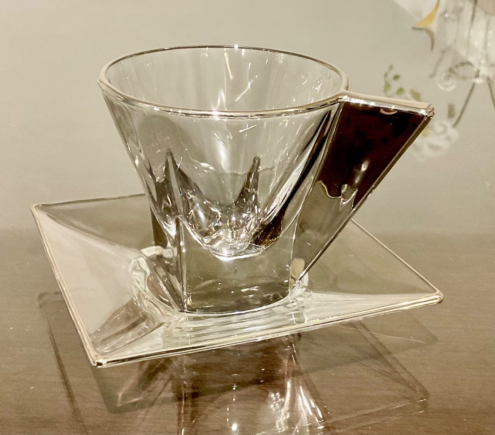 European Crystal Espresso Cup & Square Saucer w/ Chrome Handle — New/Display gallery
