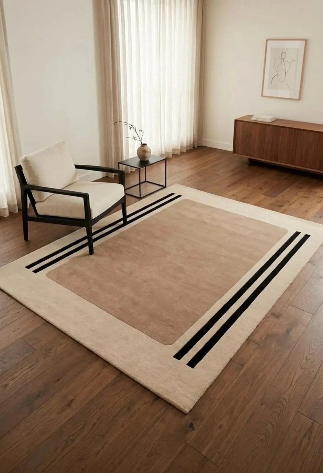 Hand Tufted Wool Rug, Beige Black Line Minimalist Scandinavian Area Carpet Rug gallery