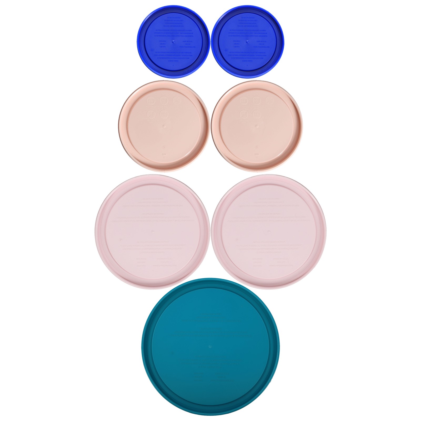 Pyrex (2) 7202-PC Cadet Blue, (2) 7200-PC Pink, (2) 7201-PC, & (1) 7402-PC Lids gallery