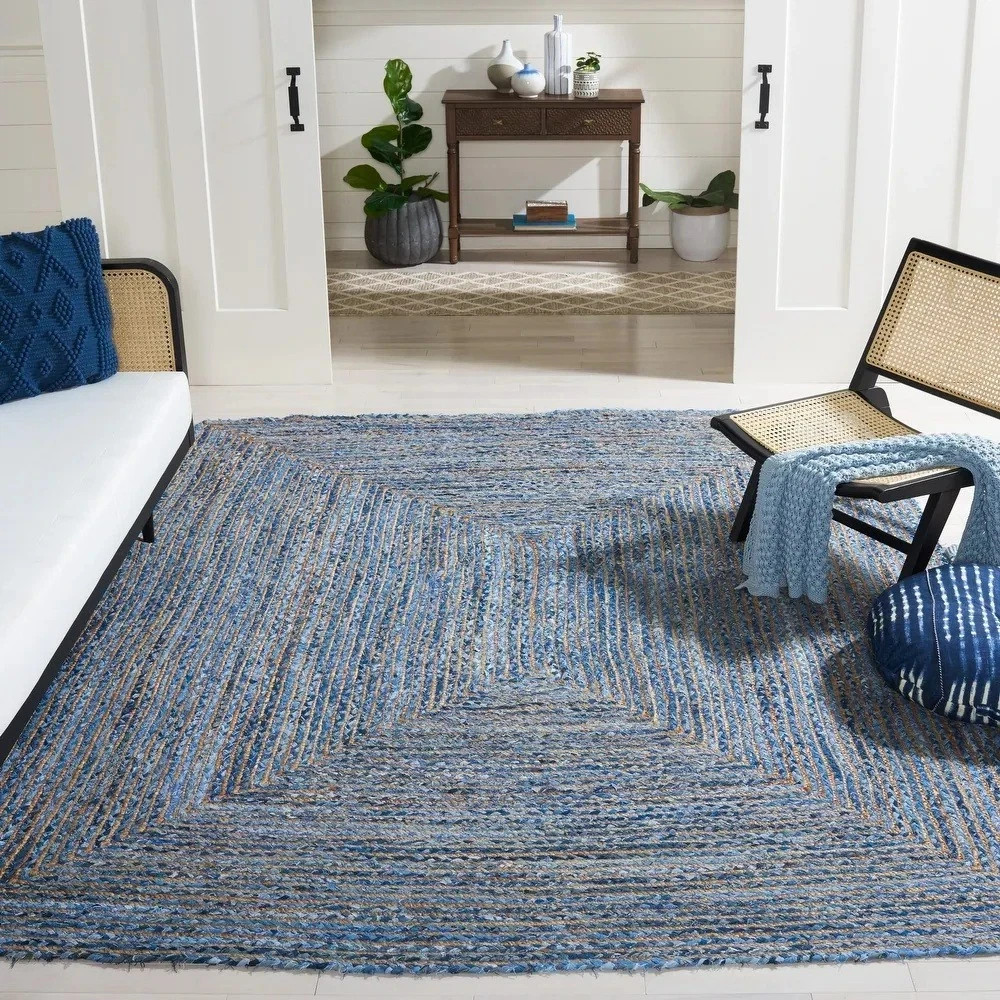 Handmade Blue 6 Ft Square Jute Boho Rug Coastal Farmhouse Nautical Accent Carpet gallery