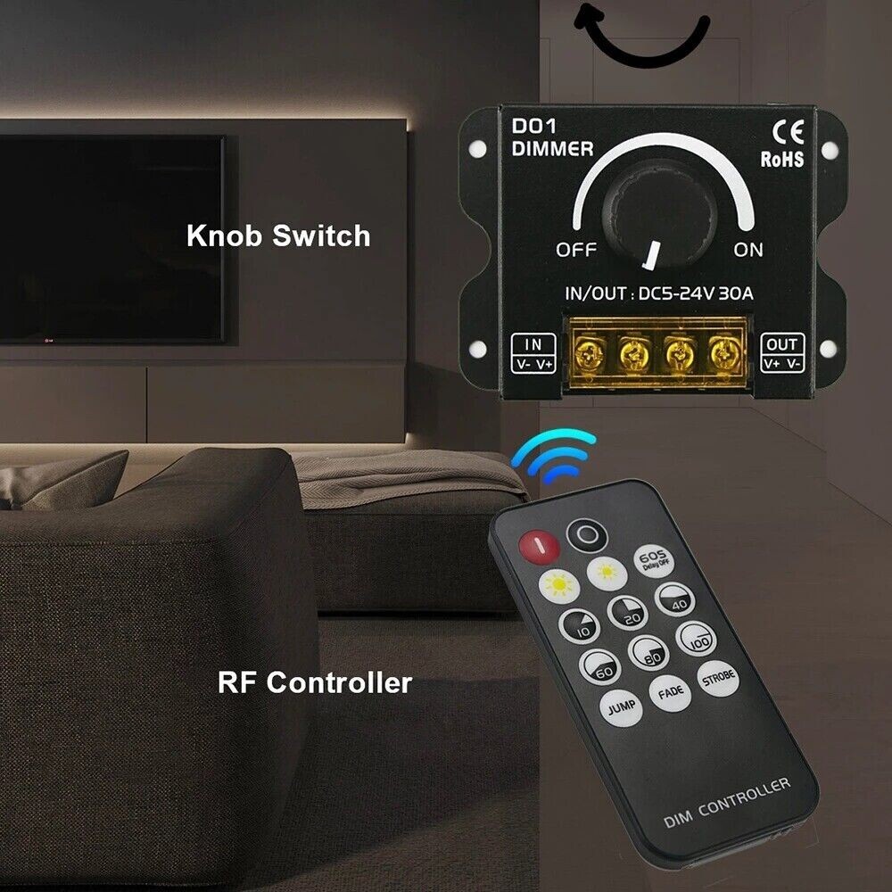 DC 5V 12V 24V 30A RF LED Light Strip Dimmer PWM Dimming Controller Wireless gallery