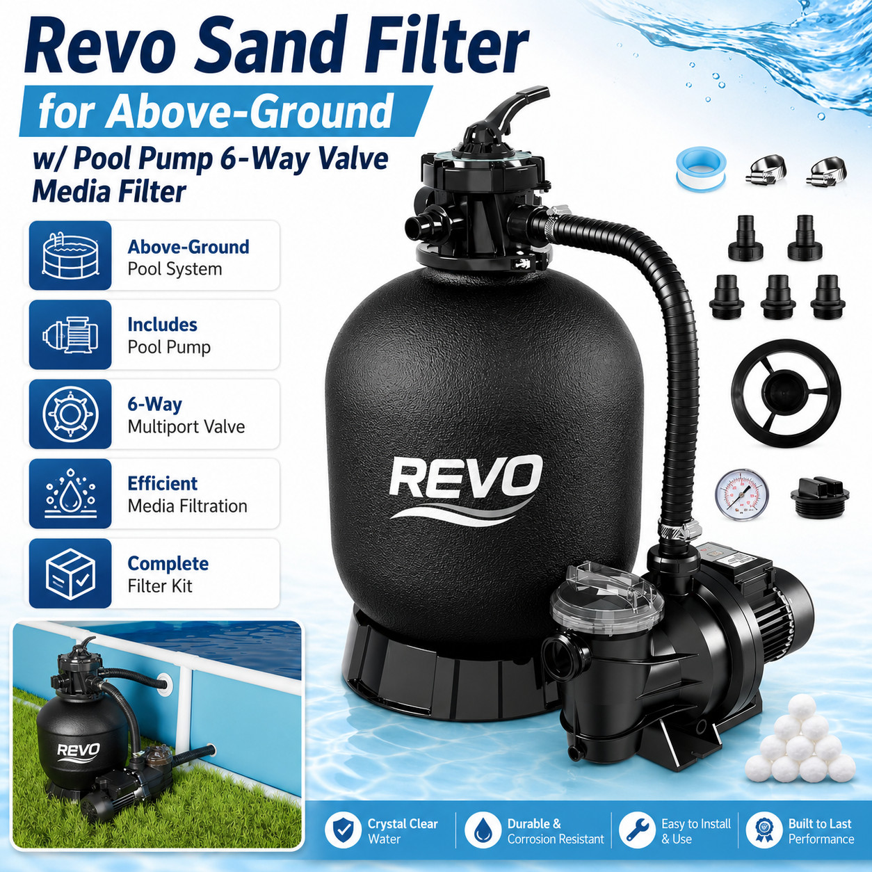 REVO 13" Sand Filter Pump System 3500 GPH Above Ground Pool Filter 6-Way Valve K gallery