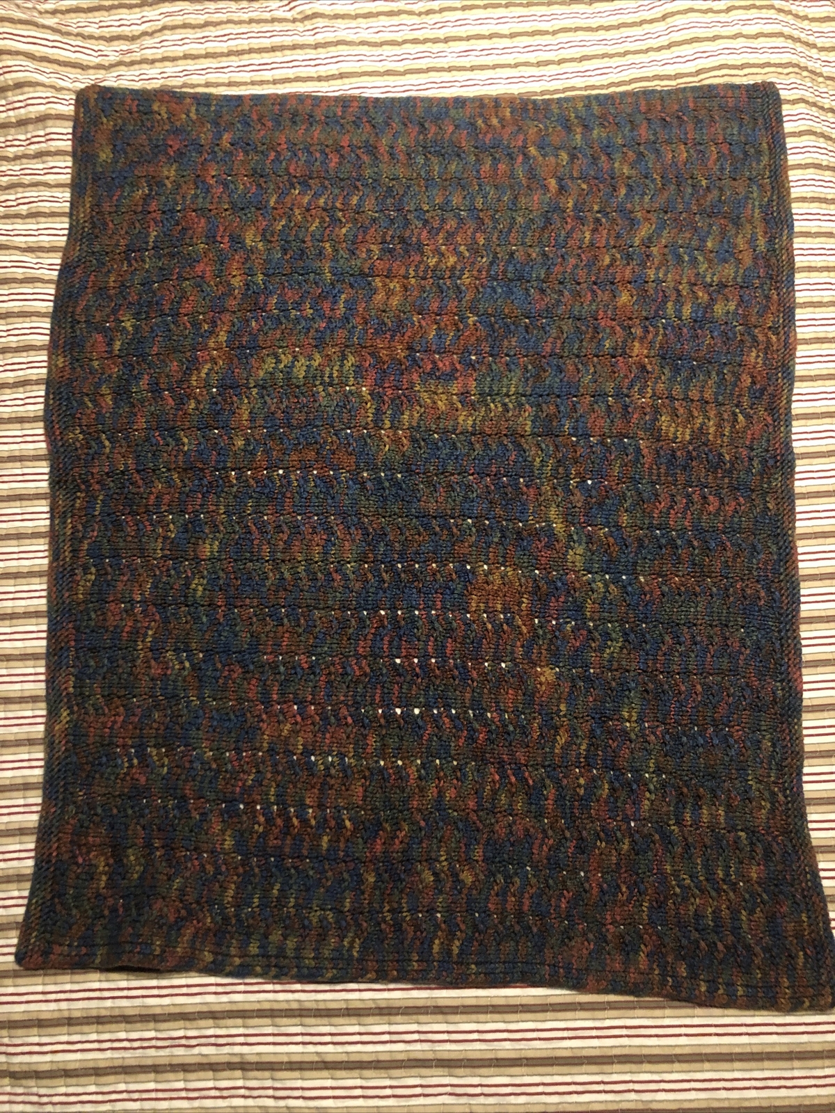 Handmade Crocheted Afghan Zig Zag Ombre Blue Burgundy Gold Lap Throw 27” X 35” gallery