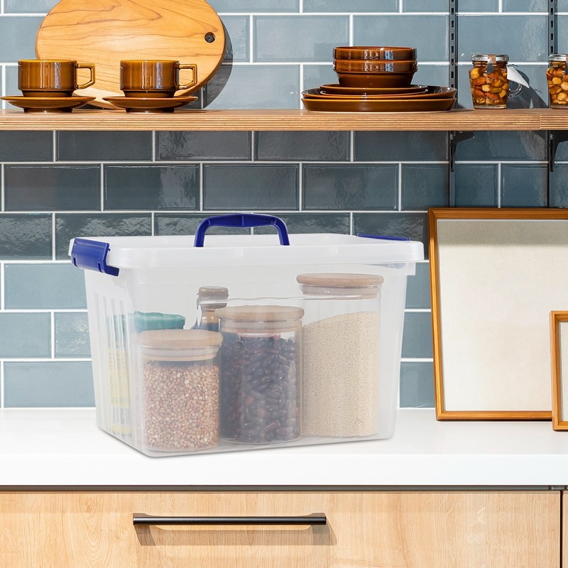 Cand 12 Qt Clear Plastic Stackable Storage Bin w/ Blue Latch Lid, (6 Pack) gallery