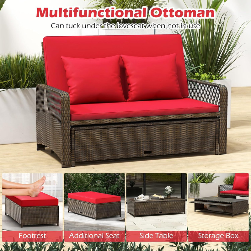 Versatile Red Wicker Daybed & Loveseat with Storage Ottoman gallery