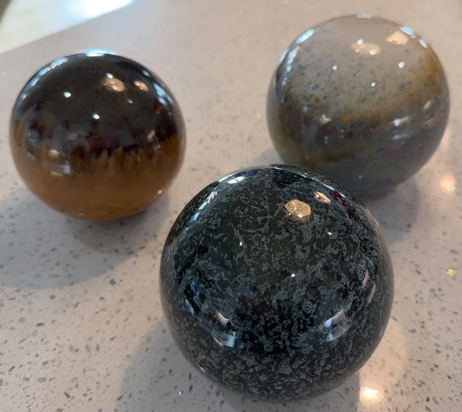 3 Drip Glaze Ceramic Pottery Spheres Decorative Orbs Balls Teal Green Brown gallery