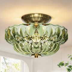 11″ Semi Flush Mount Ceiling Light Vintage Gold 3-Light Green Glass Fixture