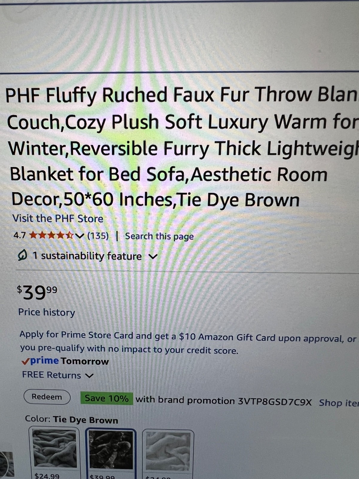 Throw-Fluffy Ruched Faux Fur Throw Reversible 50x60",Tie Dye Brown,New In Box gallery