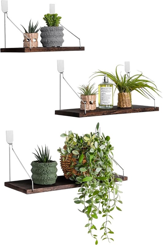 Rustic Solid Wood Floating Shelves Set of 3 - No Drill Installation, Retro Color gallery
