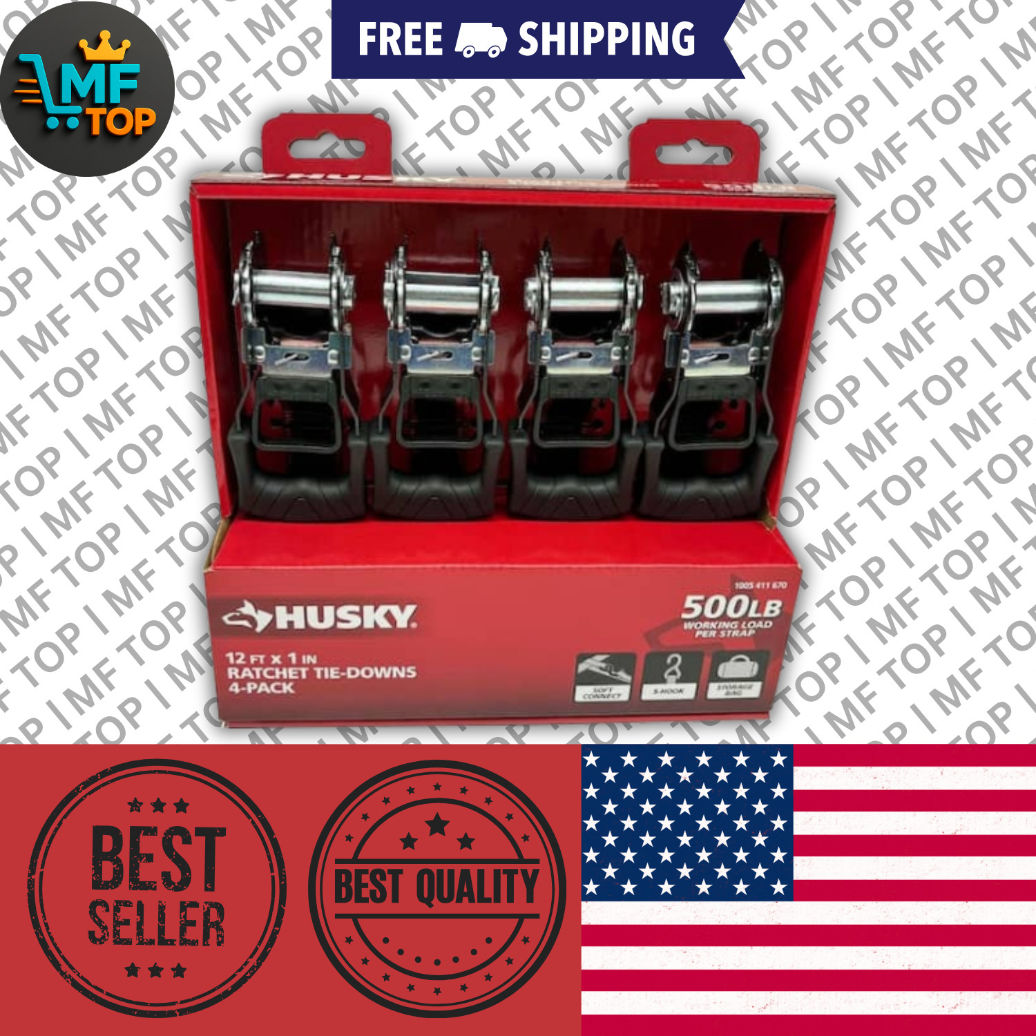 HUSKY RATCHET TIE-DOWN STRAPS 4-PACK 1 in. x 12 ft. Quick Release Hook 1500 lbs. gallery