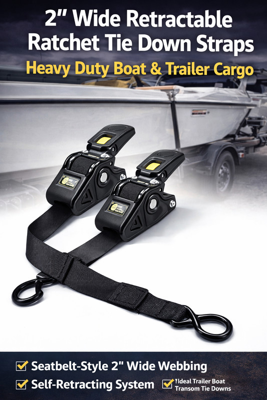 (2) Retractable Tie Down Straps – Heavy Duty 2" Wide for Boat, Trailer & Cargo gallery
