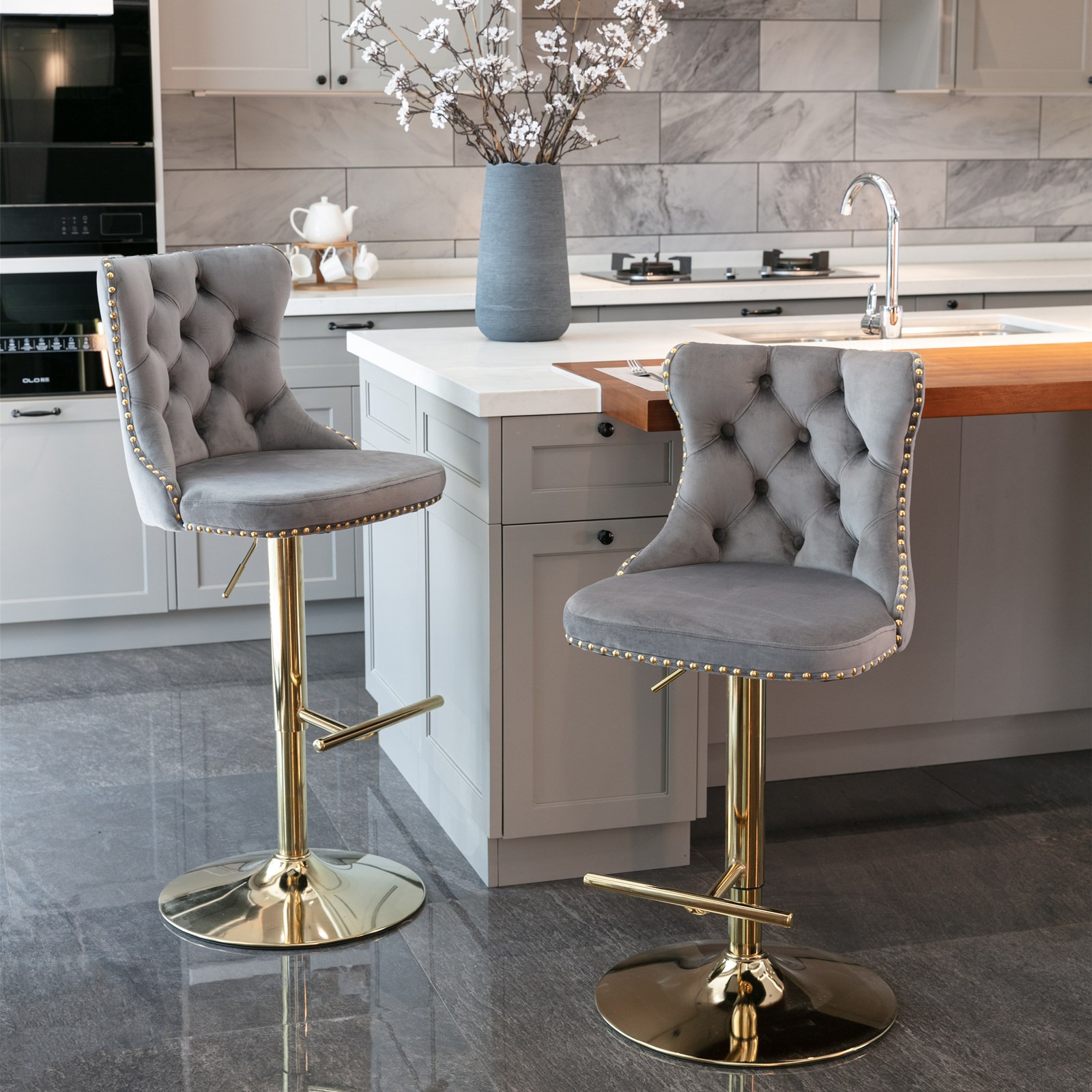 Golden Swivel Velvet Barstools Adjusatble Seat Height from 25-33 Inch ,Set of 2 gallery