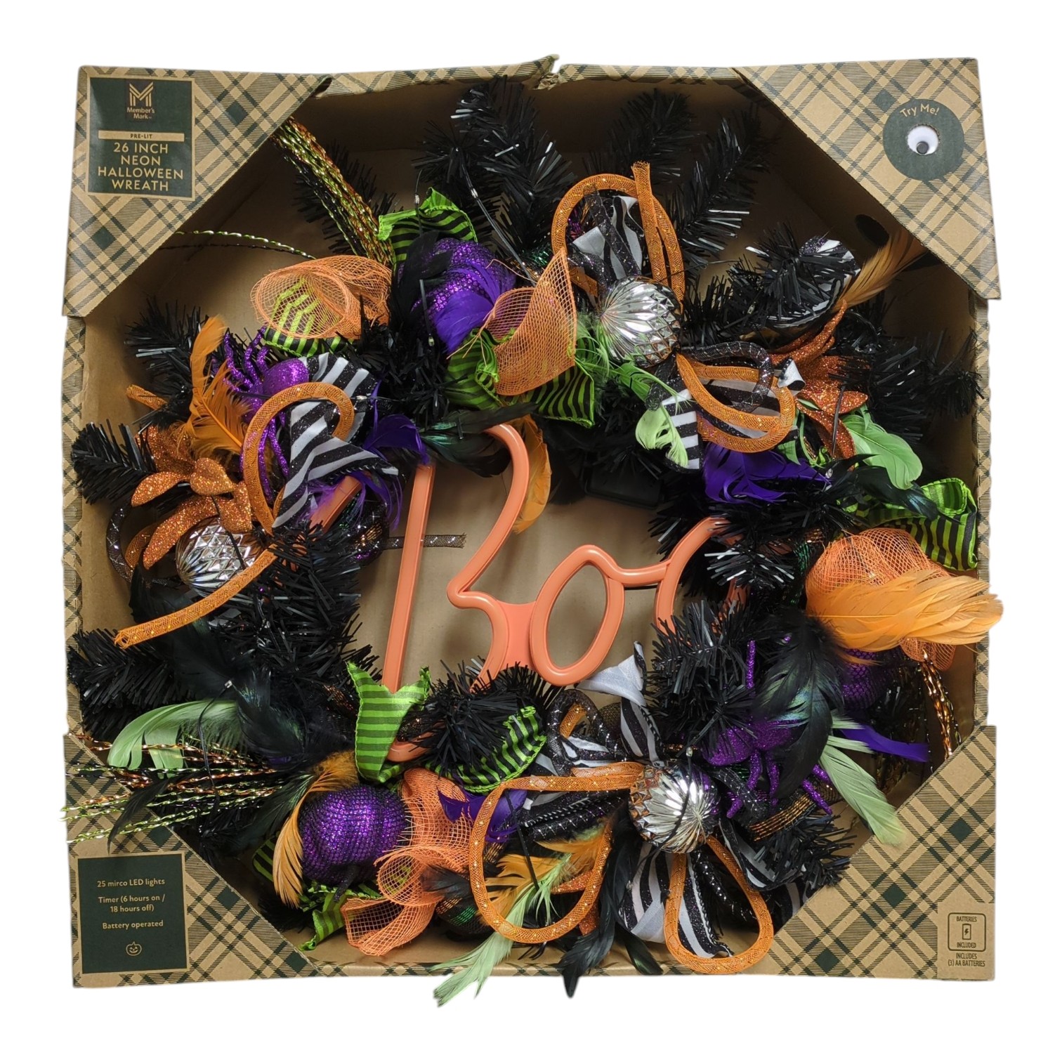 Member's Mark 26" Pre-Lit Neon Halloween BOO Wreath gallery