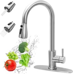 Kitchen Faucet Pull Down Sprayer Swivel Spout 3 Holes Brushed Nickel Mixer Tap