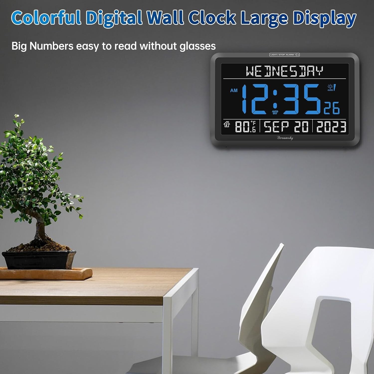 Digital Clock with Date and Day of Week for Seniors - Colorful Large Display gallery