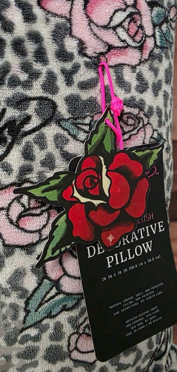 Ed Hardy Y2K Snow Leopard Floral Print Decorative Plush Pillow~Logo & Roses~NWT gallery