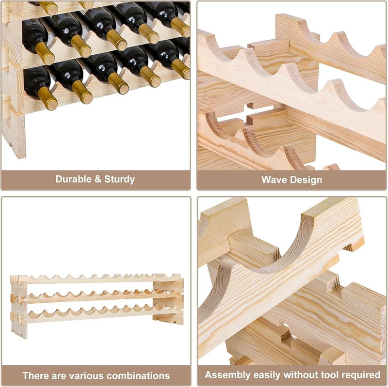 ZENY 96 Bottles Holder Wine Rack Stackable Storage - Pinewood gallery