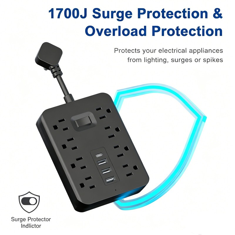 8 AC Outlet Surge Protector Power Strip 3 USB Type C Ports Wall Mount Socket gallery