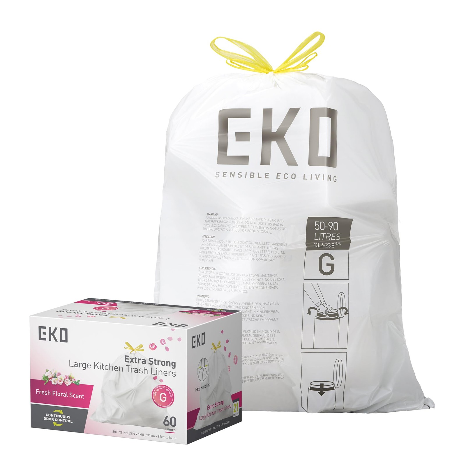 EKO 21 Gallon / 50-90 Liter, 60 Count Drawstring Trash Bags, Extra-Strong Gar... gallery