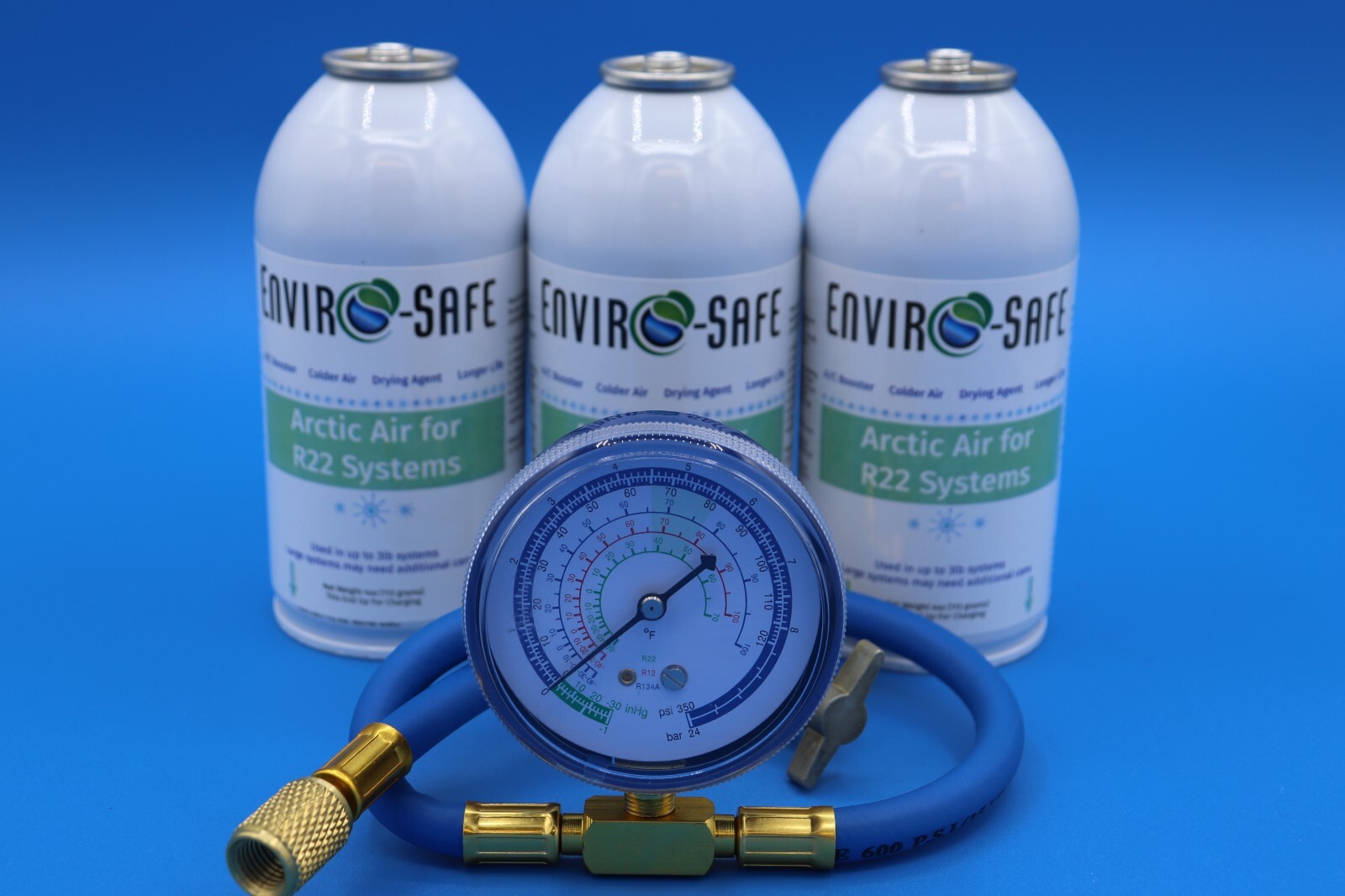 Envirosafe Arctic Air for R22, AC Refrigerant Support, (3) cans and gauge gallery