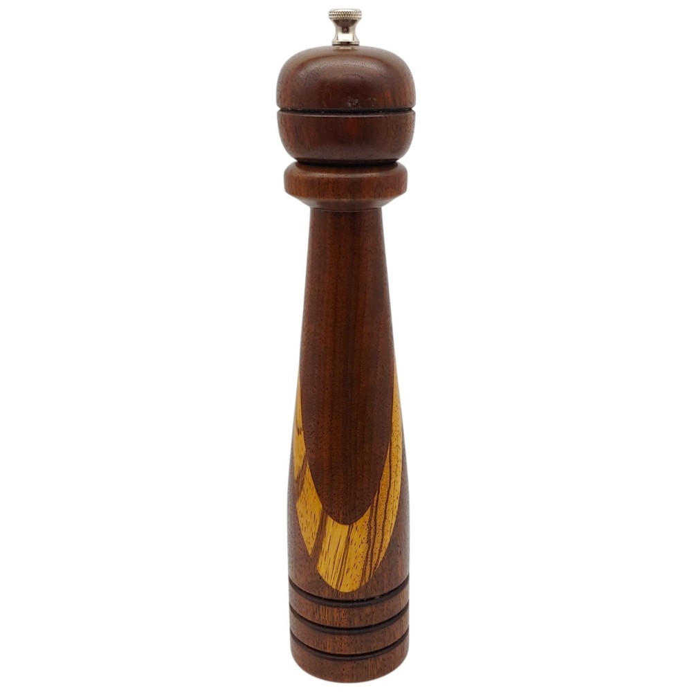 Handmade Solid Wood Pepper Mill Grinder - 12" Tall Light Dark Brown Two Tone