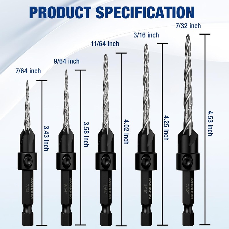 WORKPRO 5PC HSS Countersink Drill Bit M2 4Flute Woodworking Pilot Screw Hole Set gallery