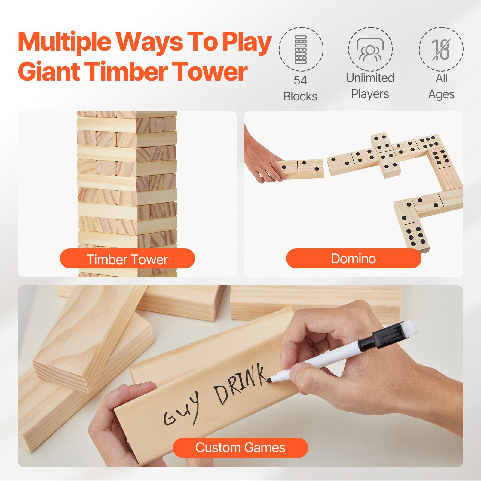 VEVOR Tumbling Timber Toy, 54 Blocks Tumble Tower Blocks Game, Pine Wood Tumblin gallery