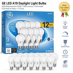 GE 60 Watt Replacement Daylight LED, Dimmable, 800 Lumens, A19 – 12 Pack