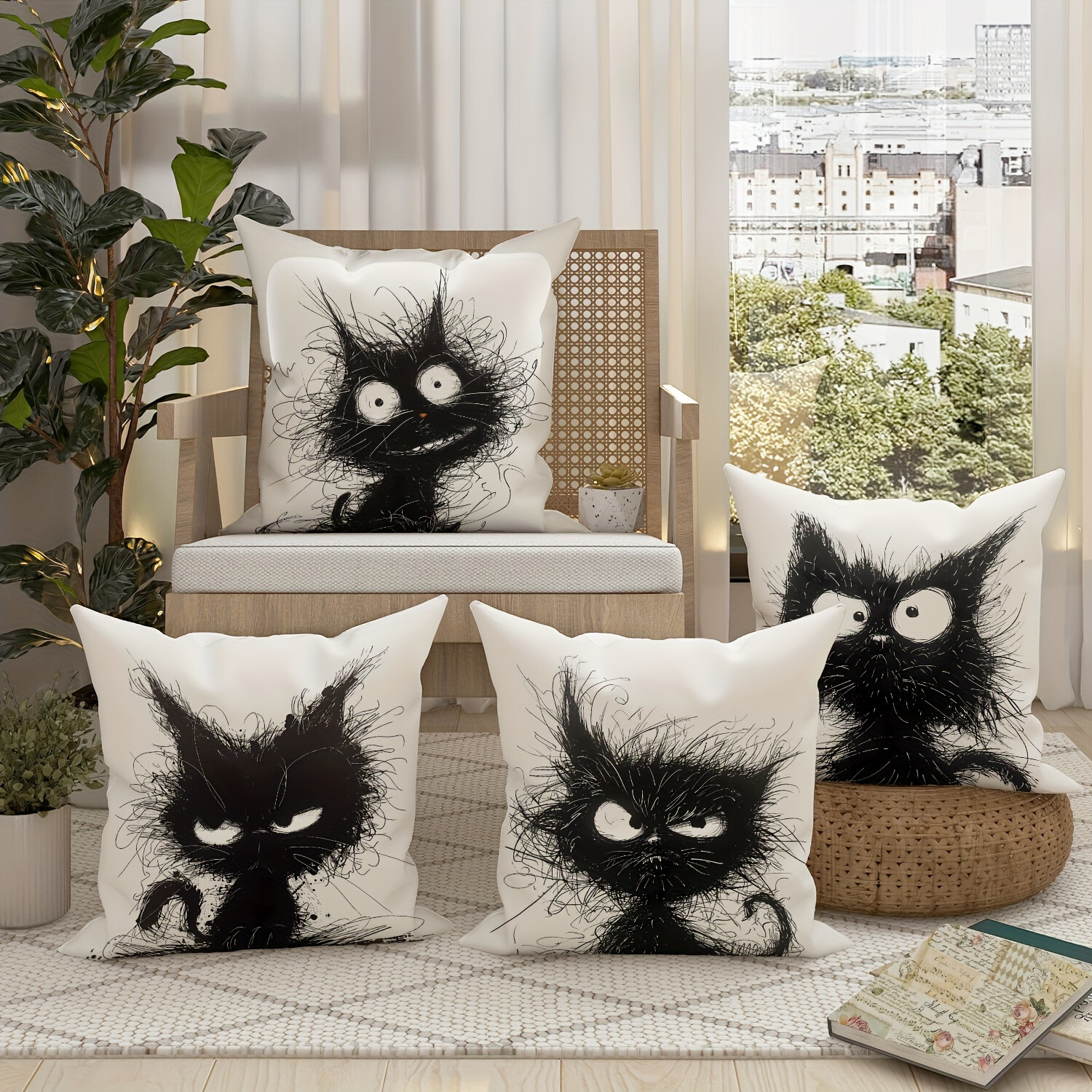 Short Plush Throw Pillow Covers Cute and Fun Black and White Cat Pattern Designs gallery