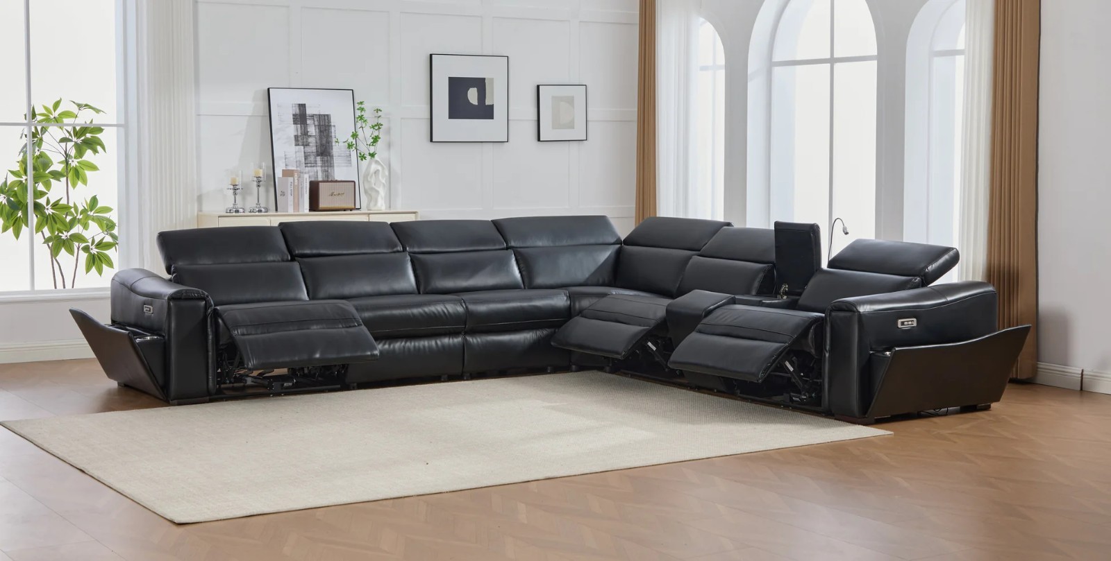 NEW Black 142" Wide Modern Power 3-Recliner Sectional Adj Headrests & BT Speaker gallery
