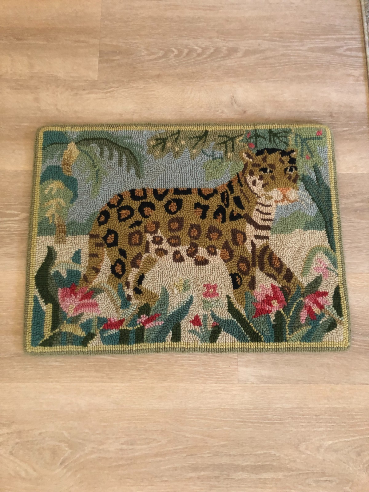 Needlepoint Rug 25 by 19 inches with lepoard in tropical floral habitat-green gallery