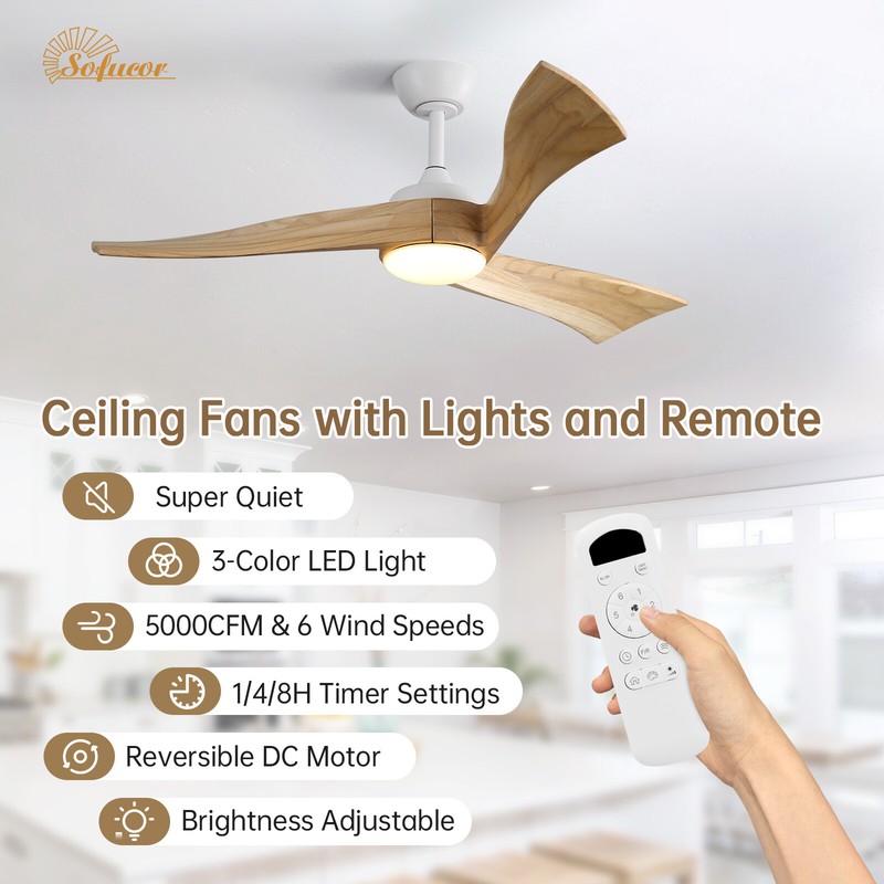 Sofucor 3 Solid Wood Ceiling Fan with Lights and Remote 3 Downrods High CFM Fan gallery