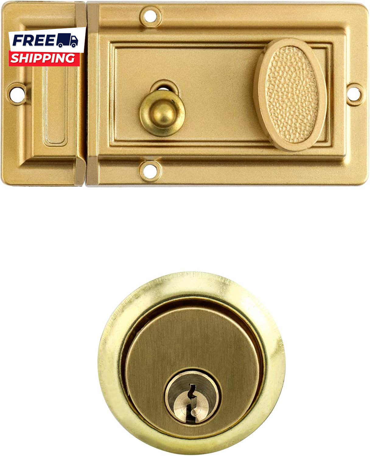 Night Latch Deadbolt Rim Lock with Key Gold Finish Antique Style Lock Door Key gallery