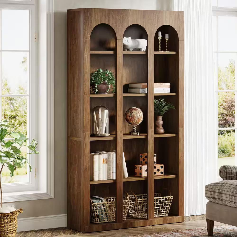 Jannelly 71 In. Tall Rustic Brown Engineered Wood 5-Shelf Bookcase, Farmhouse Vi gallery