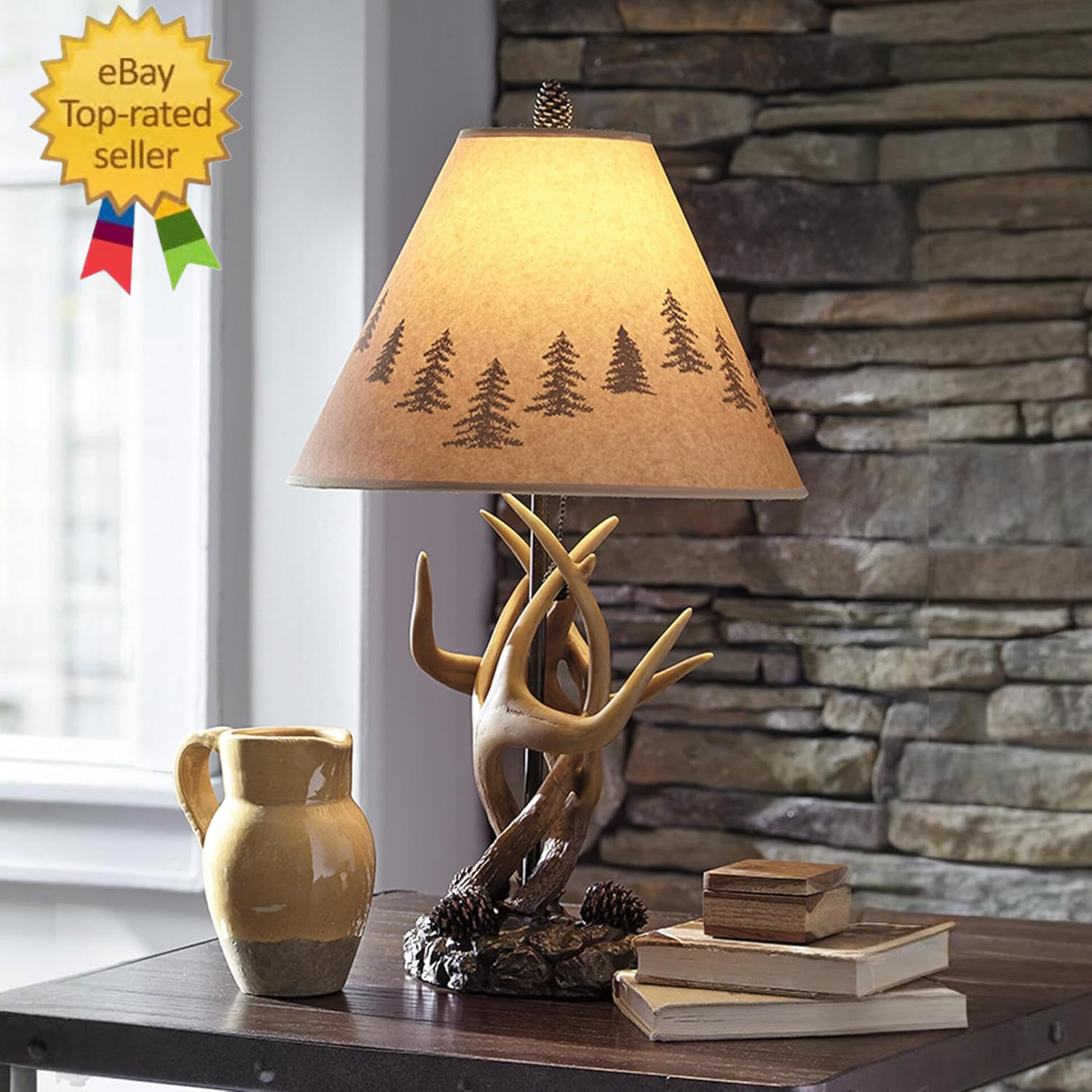 Derek Rustic Cabin Antler Lamp Set, 2 Count, Paper Silhouette Shade, Pull Chain gallery