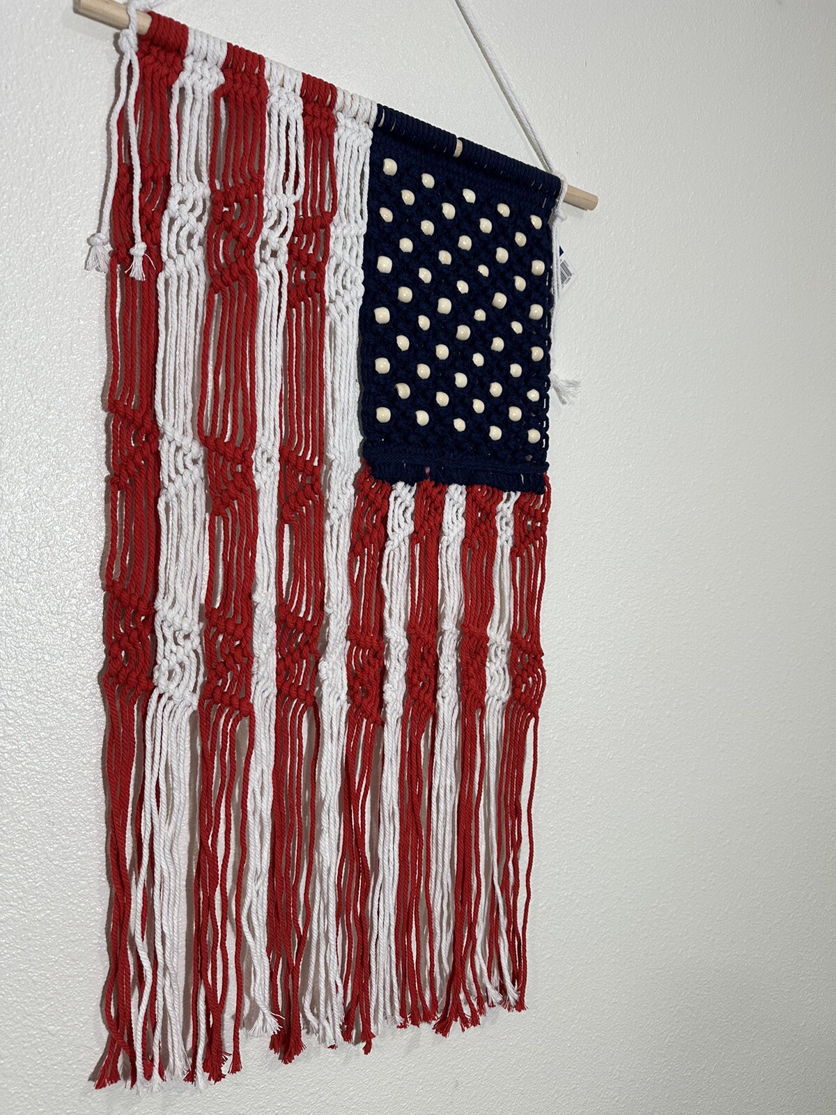 Macrame American Flag Rope Beaded Wall Hanging 14”L x 26”W NEW FREE SHIPPING gallery
