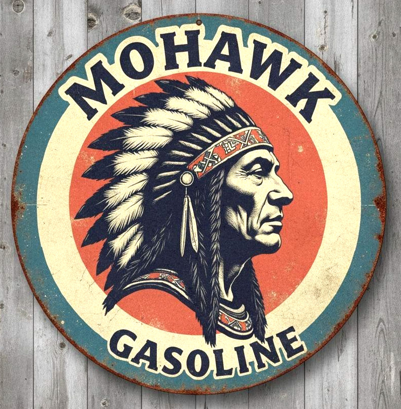 Mohawk Gasoline 12" Diameter Vintage Novelty Metal Sign Made In USA gallery