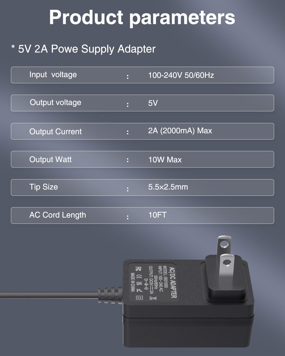 5V 2A Power Supply 5Volt 2Amp AC Adapter 100-240V DC 5V Power Cord 10FT with DC gallery