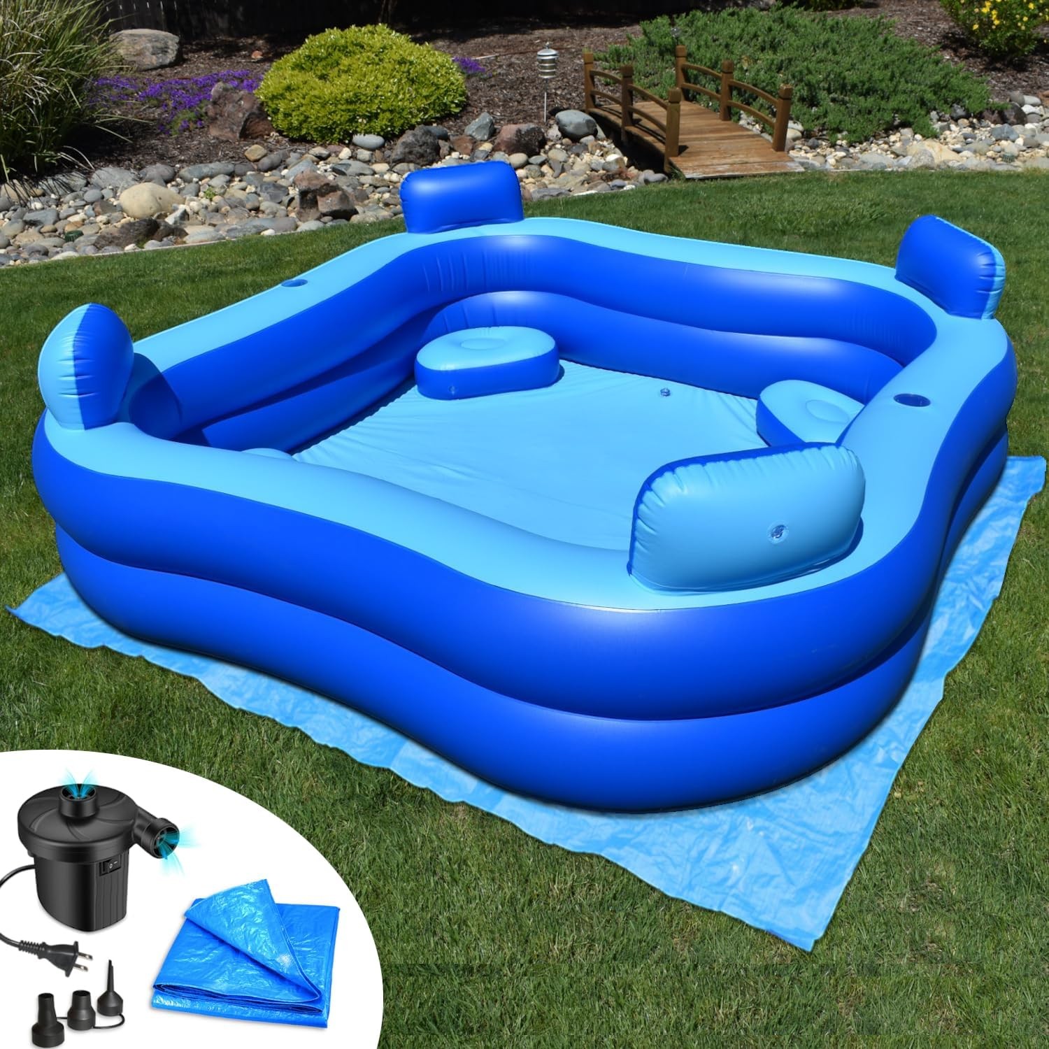 Inflatable Pool W/Seats & Headrests, 8Ft X 8Ft, Comes with Electric Pump and Gro gallery