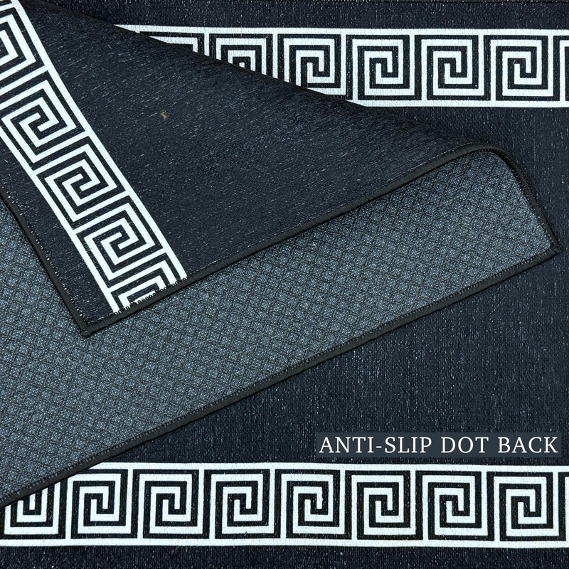 Non Slip Meander Bordered Black Design Low Pile Rug Runner with Wide Options gallery