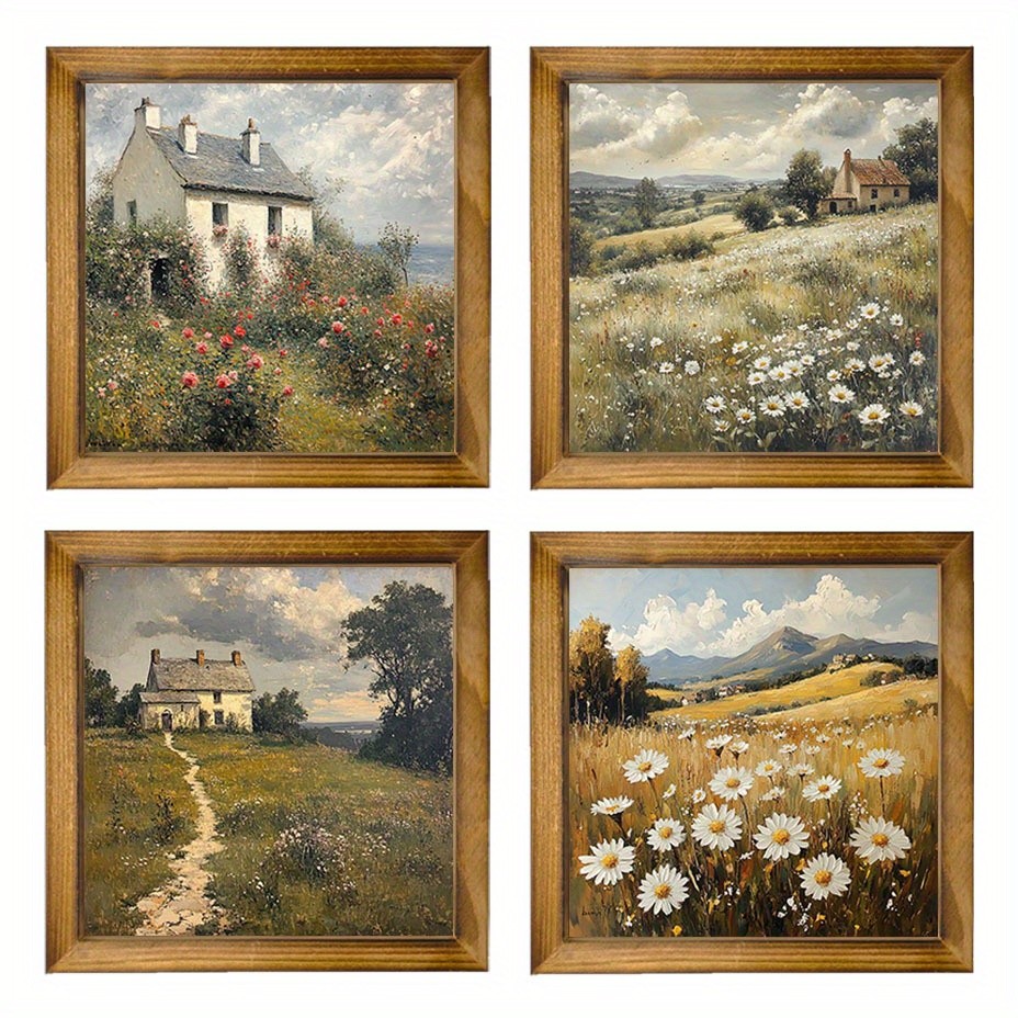 4Pcs Rustic Farmhouse Wall Art Set Framed Country Cottage Daisy Field Home Decor gallery