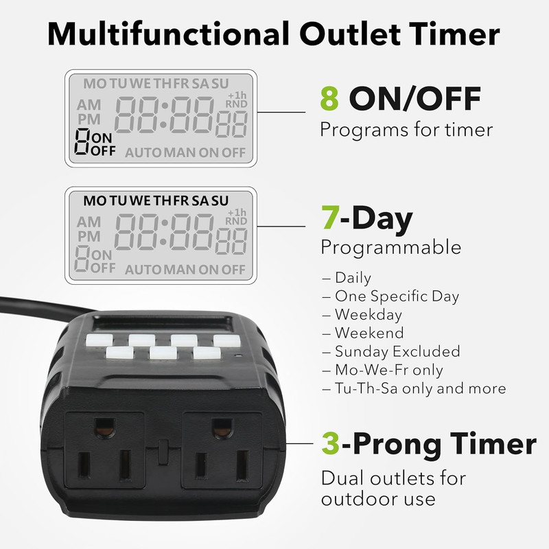 7 Day Outdoor Heavy Duty Digital Programmable Timer, 125VAC, 60Hz, Dual Outlet, gallery