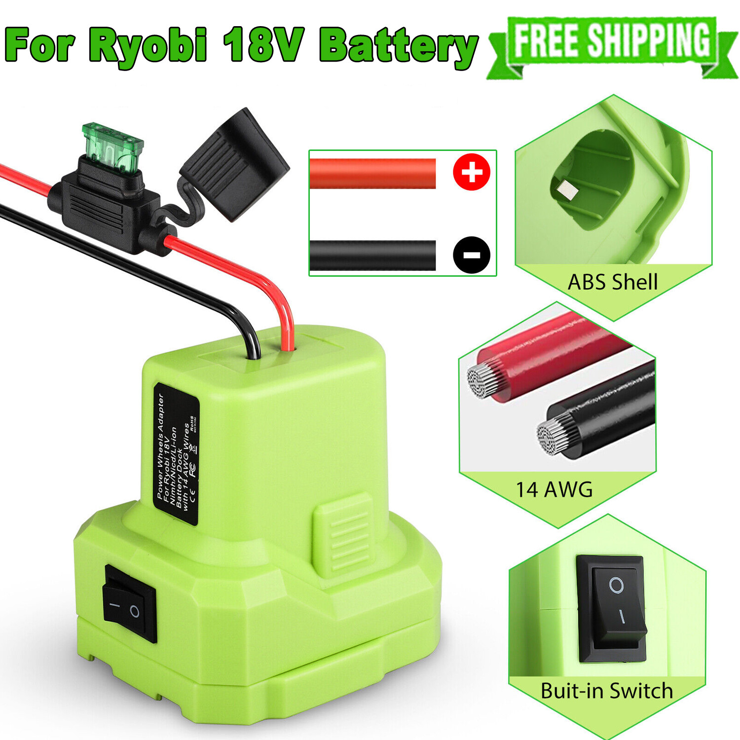 Battery Adapter DIY Power Wheels Converter W/Fuse Holder for Ryobi 18V 14 Gauge gallery