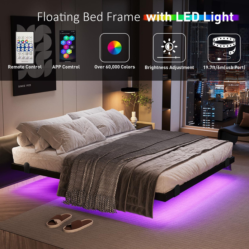 Modern King Size Floating Bed Frame with LED Lights & Charging Station gallery
