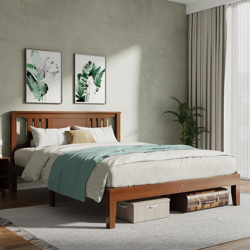 Solid Wood Bed Frame w/ Headboard,Heavy Duty Platform Bed Frame,Pine Wood,Queen gallery