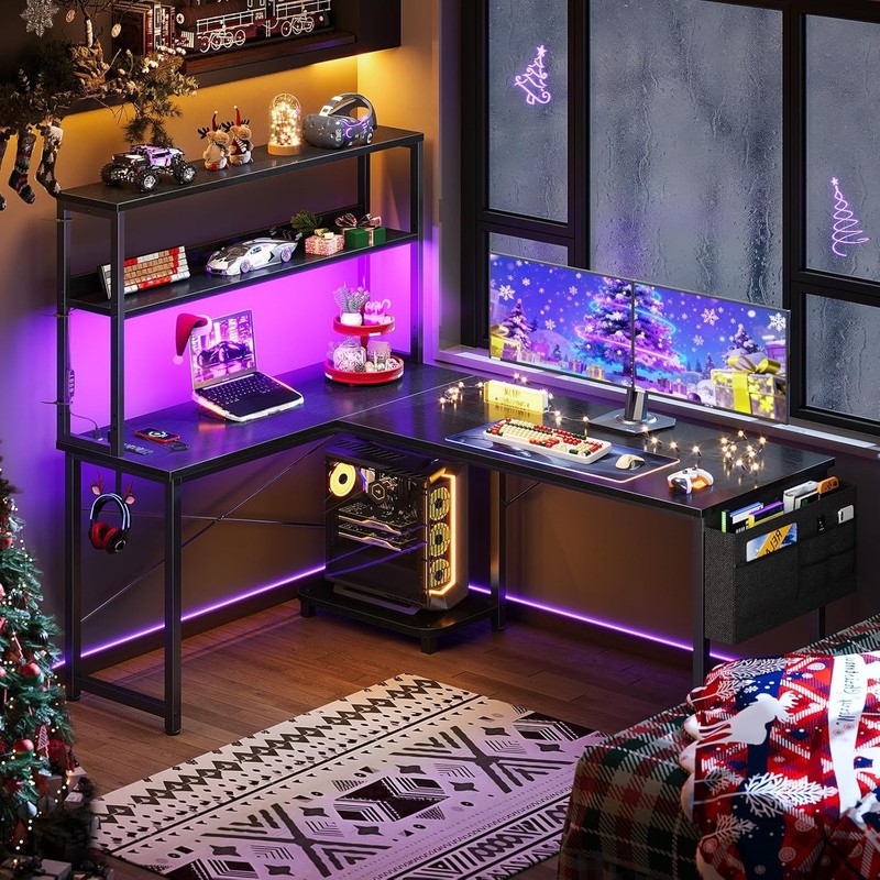 Reversible L-Shaped Computer Desk Gaming Desk with LED Lights and Power Outlets gallery