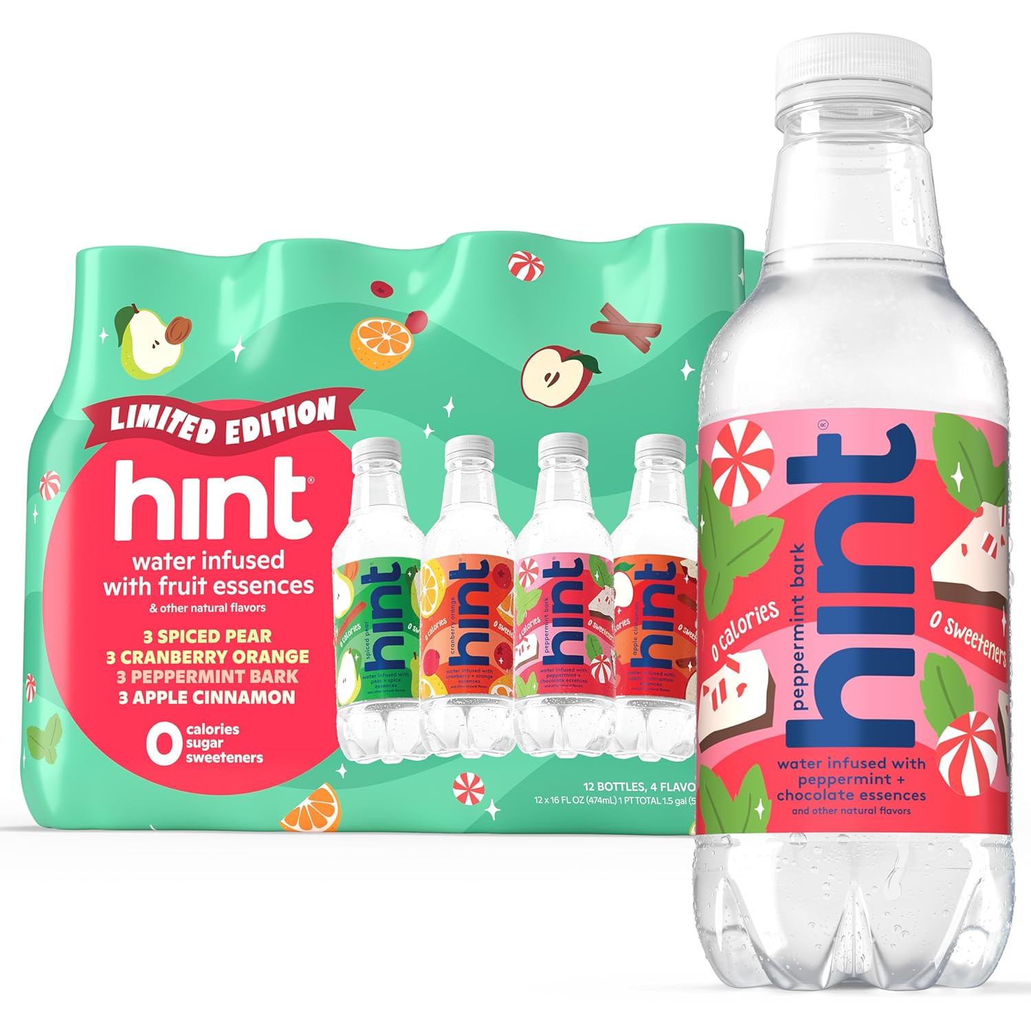 Hint Fruit Infused Water Winter Variety Pack, Sugar Free, 16oz Bottles, 12ct gallery